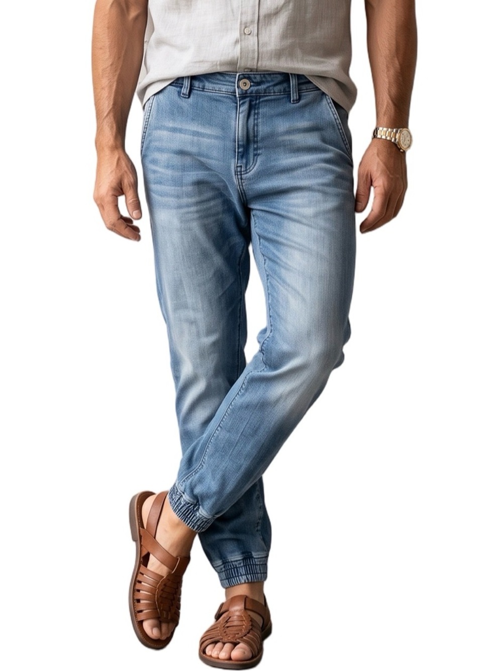 LAB Mens Slim Straight jogger Jeans Medium wash Blue Distressed Extra Soft
